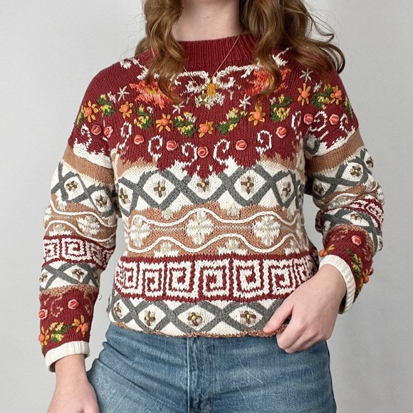 Vintage Cottagecore Hand Knit Crochet Embroidered Floral Sweater Grandma Cute - Picture 7 of 7